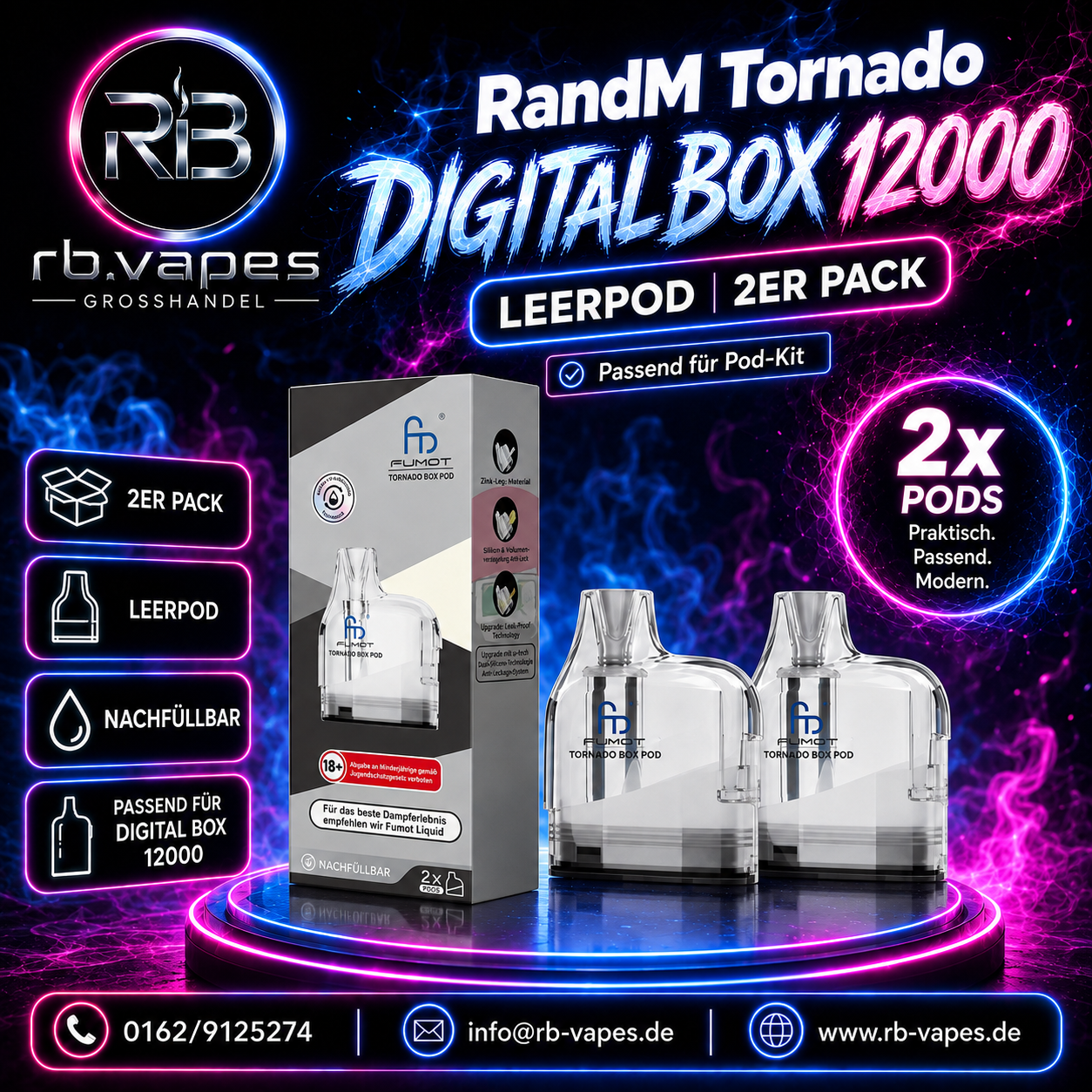 RandM Tornado Digital Box 12000 | Pod-Kit | Leerpod | 2er Pack | 10 Stück