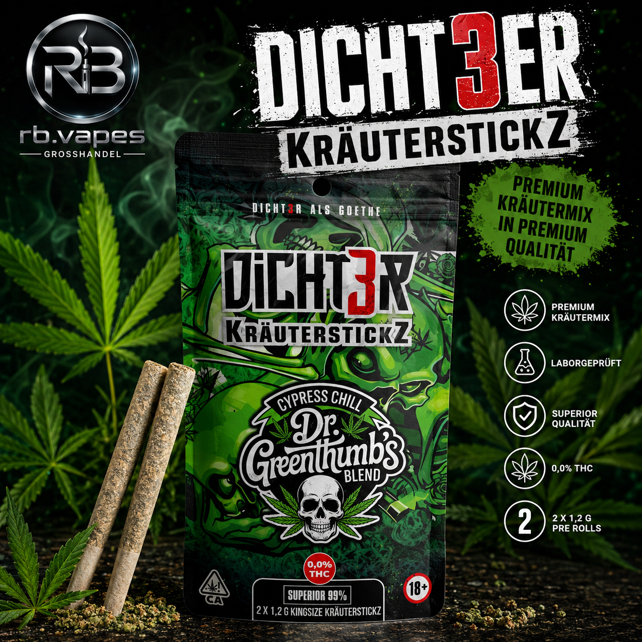 Dicht3er KräuterstickZ | 2 Premium Kräutersticks à 1,2g